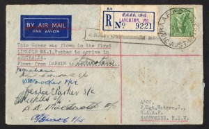 Aerophilately & Flight Covers: March 1946 (AAMC.1035) Darwin - Laverton flown registered cover carried on the first Lincoln Mk.1 bomber to arrive in Australia; signed by all members of the RAAF crew and cancelled on arrival at Laverton RAAF P.O. One of on