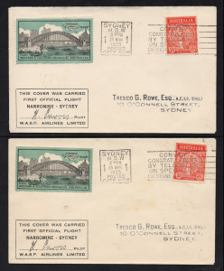 Aerophilately & Flight Covers: 25 March 1935 (AAMC.494-95) Narromine - Sydney and return flown covers, carried and signed by the pilot, Harry Purvis for WASP Airlines; both covers also with the attractive "WASP" Sydney Harbour Bridge vignettes affixed. (2