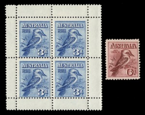 1914 Engraved 6d claret Kookaburra, together with the 1928 3d Kookaburra Exhibition Miniature Sheet, both MUH. (2).