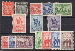 1935 ANZAC, Silver Jubilee, 1936 South Australia, 1937 New South Wales, and 1940 AIF, complete sets, all fresh MUH. (15).