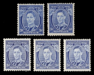 KGVI 3d Blues: single examples of each of Die 1, Die 1a, Die 2, Die 2 (Thin paper) and Die 3; all fine and fresh MUH. (5).