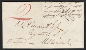 VICTORIA - Postal History: August 1850 stampless entire to Melbourne, with "PORT FAIRY NSW" crowned oval and boxed "PAID AT / PORT FAIRY" despatch markings, large manuscript "2" in red, and "MELBOURNE PORT PHILLIP" crowned oval receival mark.