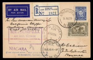 Aerophilately & Flight Covers: Dec.1933 & July 1940 (AAMC.905c) a rare registered postcard carried in December 1933 from Australia to New Zealand (AAMC.348) and signed by the crew of "Faith in Australia" Boulton, Allan & Ulm; posted again in August 1939 b