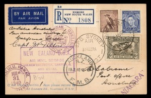 Aerophilately & Flight Covers: Dec.1933 & July 1940 (AAMC.905c) a rare registered postcard carried in December 1933 from Australia to New Zealand (AAMC.348) and signed by the crew of "Faith in Australia" Boulton, Allan & Ulm; posted again in August 1939 b