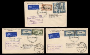 Aerophilately & Flight Covers: July 1940 (AAMC.905b) Three covers carried by PAN AM from Auckland to Noumea, Auckland to Honolulu, and Auckland to San Francisco; all with arrival backstamps. (3). Cat.$450.