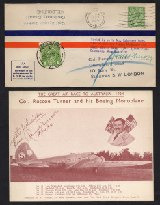 Aerophilately & Flight Covers: October 1934 (AAMC.434) MacRobertson AIr Race cover, flown and signed by Roscoe Turner, together with an example of his oversized postcard recording his flight and achievement of 3rd place in the race. (2 items).