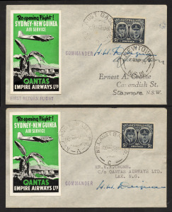 Aerophilately & Flight Covers: April 1945 (AAMC.1002 & 1003) Sydney - Lae, and Lae - Sydney QANTAS Re-opening flight souvenir flown covers, both with special green vignette, and both signed by the pilots; with despatch and arrival cds's. (2). Cat.$550.