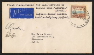 Aerophilately & Flight Covers: 6 May 1940 (AAMC.900aa) Auckland - Sydney cover, carried for TEAL on the first Trans-Tasman Airmail carried by the flying boat "Awarua" ZK-AMC; commanded by Oscar Garden, who has signed the cover, with Sydney arrival b/stamp