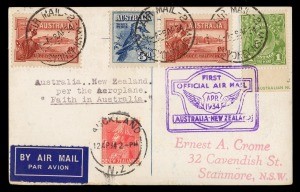 Aerophilately & Flight Covers: Dec.1933 & April 1934 (AAMC.371a) A special souvenir card, carried twice aboard the "Faith in Australia" on Trans-Tasman flights; the first time in December 1933 signed by Boulton, Allan and Ulm; the second time in April 193