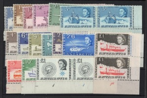 ANTARCTICA: BRITISH ANTARCTIC TERRITORY: 1963-69 (SG.1-15a) &frac12;d to &pound;1 (both types) Pictorials set in Plate 1 or Plate 1a corner pairs, fresh MUH, Cat. &pound;500+. (16 pairs).