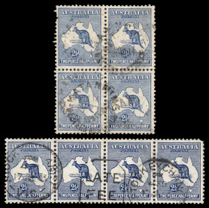 Kangaroos - First Watermark: 2&frac12;d Indigo (shades), a block of 4 with January 1914 cds's, and a strip of 4 with July 1913 postmarks; cpl of perf faults, but scarce used multiples. (8).