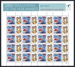 2000 PARALYMPIAN OF THE YEAR AWARDS: Complete set of seven limited-edition mint stamp sheets in album pages for Sarnya Parker & Tania Modra, Julie Higgins, Timothy Sullivan, Chris Nunn, Lisa McIntosh, Heath Francis, and Kevin McIntosh, together with 2000 