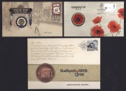 2011 Australia Post $5 Remembrance Day PNC, limited edition 12603/15000, together with 2015 Gallipoli PNC (medallion) and 2019 Anzac Day PNC (also medallion). (3 items)