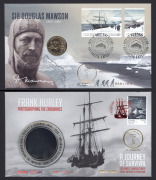 AUSTRALIAN ANTARCTIC EXPLORERS: 2012 $1 Sir Douglas Mawson PNC, limited edition 060/100 overprinted "Hobart Antarctic Festival 24-28 Aug 2022", together with 2016 "Frank Hurley - Photographing The Endurance" PMC, limited edition 060/100, also overprinted 