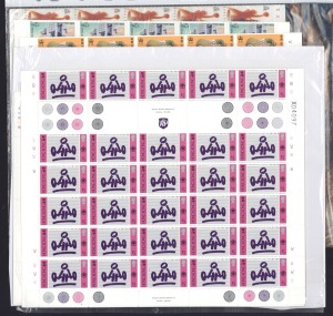 HONG KONG: 1992 Greetings, 1994 Commonwealth Games, 1996 Chinese New Year, 1996 Atlanta Olympics, 1997 Modern Landmarks, all complete sets in complete sheets of 50, MUH. (1000).