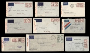 Postal History: TRANS-PACIFIC 4/- RATE AIRMAIL COVERS: A group of 1940-41 Censored airmail covers, mostly handstamped or endorsed "CALIFORNIA CLIPPER" and "VIA NEW ZEALAND" to New York, Philadeliphia, Vancouver, etc. Most covers franked with 2 x 2/- Kanga