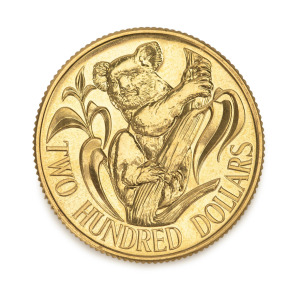 TWO HUNDRED DOLLARS, 1980 $200 gold Koala, uncirculated in blue plastic folder of issue.