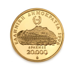 GREECE: 1996 20,000 drachmes gold Proof (16.97g), produced for the IOC Centennial 1896-1996 Series - featuring Ancient javelin throwers and the track field.