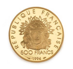 FRANCE: 1994 500 francs gold Proof (16.97g), produced for the IOC Centennial 1896-1996 Series - featuring an archer in front of the Eiffel Tower.