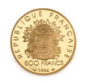 FRANCE: 1994 500 francs gold Proof (16.97g), produced for the IOC Centennial 1896-1996 Series - featuring an archer in front of the Eiffel Tower.