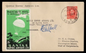 Aerophilately & Flight Covers: 24 December 1943 (AAMC.970) Sydney - Mornington Island Parachute Mail cover with special vignette, delivered for Christmas by QANTAS Flying Boat "Coolangatta" VH-ABB and signed by the pilot, K.G. Caldwell.; signed on the bac
