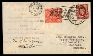 Aerophilately & Flight Covers: October 1934 (AAMC.440) MacRobertson Air Race cover flown and signed by the pilots, McGregor & Walker; with special cachet; 3 Dec.1934 backstamped on return to Mildenhall. Cat.$300+.