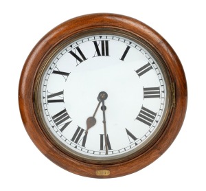 An antique English station wall clock in hardwood case with single train chain fusee movement and 12" dial, 19th century, 41cm high.