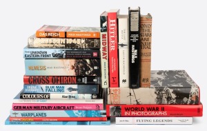 WORLD WAR TWO: A shelf of mainly hard cover books including "Kamikaze" by Brown, "Flying Legends" by Dibbs, "Colours of War" by Ross, "Midway" by Bicheno, "Only the Stars are Neutral" by Reynolds, "Cross of Iron" by Mosier, "Overlord" by Hastings, "German