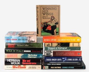WORLD WAR TWO: A shelf of books including "Duce!" by Collier, "Dunkirk; The Necessary Myth" by Harmon, "War in Italy 1943-1945" by Lamb, "War and Remembrance" by Wouk, "Victory in Europe" by Hastings, "The Fall of Mussolini" by Morgan, most hard cover wit