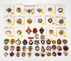 VARIOUS FOOTBALL CLUB MEMBERSHIP FOBS OR BADGES: Noted Ararat 1924, Burnie 1926, Rosewater 1951, Claremont 1954, Hamilton 1955, Broken Hill South 1959, Stirling 1960, Loxton 1960, Edwardstown 1961, Lobethal 1962, Peckers 1974, Subiaco 1974, Seaton Ramblers 1975, and many others. (50+ items)