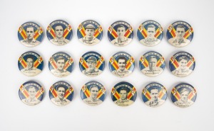 ARGUS BADGES: Eighteen different 1950-51 "Australia v England 1950-1951 Test Tour" English team badges, all but one with pin still on rear. (18 items)