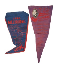MELBOURNE PREMIERS: 1957 Finalists souvenir pennant listing all the team members, with club captain John Beckwith depicted at top left, together with 1960 pennant likewise listing all the team members and also showing their positions on the field; both 41cm. (2 items)