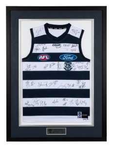 GEELONG: 2017 signed team guernsey with certificate of authenticity, attractively framed and glazed, 104 x 77.5cm overall.