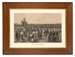 "DERBY DAY AT FLEMINGTON, 1886" lithograph by Carl Kahler, attractively housed in period oak frame with gilt slip and glass, 19th century, 84 x 112cm overall.