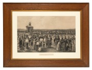 "DERBY DAY AT FLEMINGTON, 1886" lithograph by Carl Kahler, attractively housed in period oak frame with gilt slip and glass, 19th century, ​​​​​​​84 x 112cm overall.