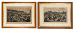 CARL KAHLER pair of antique horse racing lithographs, both attractively housed in period oak frame with gilt slip and glass, 19th century,, I.) "The Lawn at Flemington on Melbourne Cup Day", II.) "The Betting Ring at Flemington", 94 x 120cm each overall.