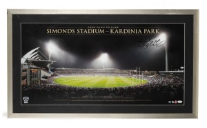 GEELONG - FROM DAWN TO DARK - SIMONDS STADIUM - KARDINIA PARK: Attractively framed and glazed limited edition [#80/100] panoramic photograph, signed by 2013 Captain Joel Selwood, depicting the first night game in June 2013, with CoA; 59 x 103cm overall.
