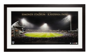 GEELONG - FROM DAWN TO DARK -SIMONDS STADIUM - KARDINIA PARK: Attractively framed and glazed limited edition [53/100] panoramic photograph, signed by 2013 Captain Joel Selwood, depicting the first night game in June 2013, with CoA; 59 x 103cm overall.
