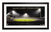 GEELONG - FROM DAWN TO DARK -SIMONDS STADIUM - KARDINIA PARK: Attractively framed and glazed limited edition [53/100] panoramic photograph, signed by 2013 Captain Joel Selwood, depicting the first night game in June 2013, with CoA; 59 x 103cm overall.