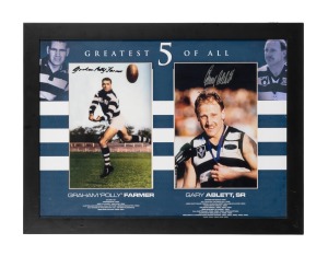 GEELONG: Attractively framed and glazed display featuring signed photographs of Graham "Polly" Farmer and Gary Ablett Sr., with details of careers and accompanying CoA, 50.5 x 67cm overall.