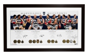 GEELONG CATS - MARVELLOUS MILESTONES: Attractive photographic display featuring signatures and career statistics of Matthew Scarlett, Paul Chapman, Corey Enright, and Joel Selwood, limited edition 24/500; framed and glazed, 62.5 x 108cm overall.
