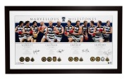 GEELONG CATS - MARVELLOUS MILESTONES: Attractive photographic display featuring signatures and career statistics of Matthew Scarlett, Paul Chapman, Corey Enright, and Joel Selwood, limited edition 24/500; framed and glazed, 62.5 x 108cm overall.