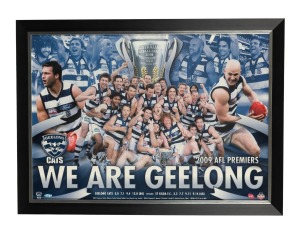GEELONG: A collection of eight attractively framed and glazed Premiership celebration displays, featuring 2006, 2009, and 2011; the largest 68.5 x 109.5cm overall. (8 items)