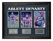 GEELONG: A collection of ten attractively framed and glazed displays, featuring Gary Ablett Sr. and Jr., Jimmy Bartell, Paul Chapman, Joel Selwood, Patrick Dangerfield, and others; the largest 58.5 x 109.5cm overall. (10 items) - 2