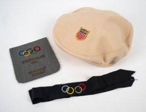 Lake Wendouree Olympic Village commandant F.H. Christison's original personal blazer pocket patch, embroidered with the Olympic rings and text "Olympic Village 1956 - Commandant - Ballarat", together with his flat cap with embroidered USA Team Olympic logo, and his hat ribbon with embroidered Olympic rings. (3 items)