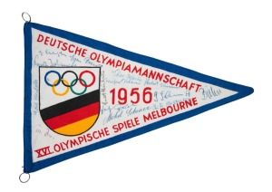 1956 MELBOURNE OLYMPICS - PENNANTS: The German Team pennant with text "Deutsche Olympiamannschaft - 1956 - XVI Olympische Spiele Melbourne", with original signatures of fourteen athletes; length 33cm.