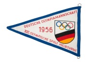 1956 MELBOURNE OLYMPICS - PENNANTS: The German Team pennant with text "Deutsche Olympiamannschaft - 1956 - XVI Olympische Spiele Melbourne", with original signatures of fourteen athletes; length 33cm. - 2