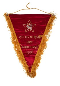 1956 MELBOURNE OLYMPICS - PENNANTS: Czechoslovakian Team pennant with text "XVI Olympijske Hry - Melbourne 1956"; length 46.5cm, together with Brazilian and Chilean Olympic Committee pennants, the larger 45cm long. (3 items)