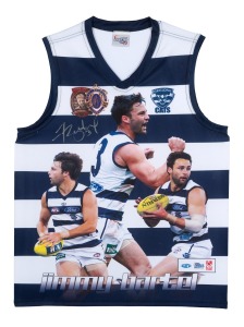 GEELONG: An attractively framed "Jimmy Bartell Player Impact Jumper", presented in combination with a plaque describing his achievements for Geelong, accompanied by an AFL Players' Association CoA, limited edition #57/100; framed and glazed, overall 102 x 73cm.