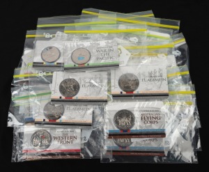 AUSTRALIA AT WAR: 2014-16 part-set [15/18] of carded uncirculated 50c coins, including noted 2014 "The Western Front" featuring red poppy, plus 8 duplicates. (23 items)